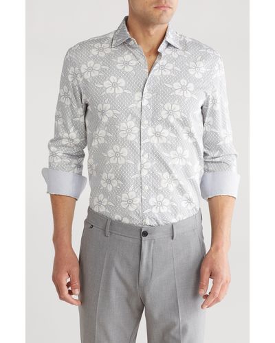 Ted Baker Roxwel Print Stretch Cotton Button-up Shirt - Gray