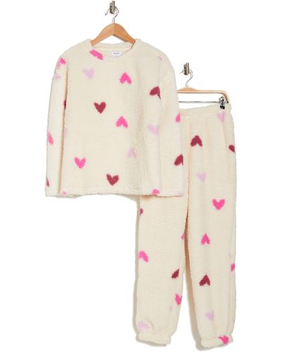 Splendid Heart Print Faux Shearling Long Sleeve Top & Sweatpants Pajamas - Natural