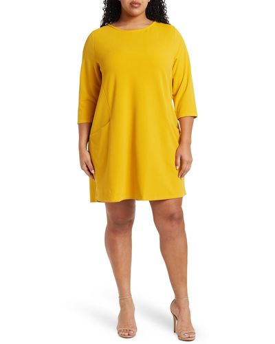 Nina Leonard Jewel Neck Three-quarter Sleeve High Tech Dress - Yellow