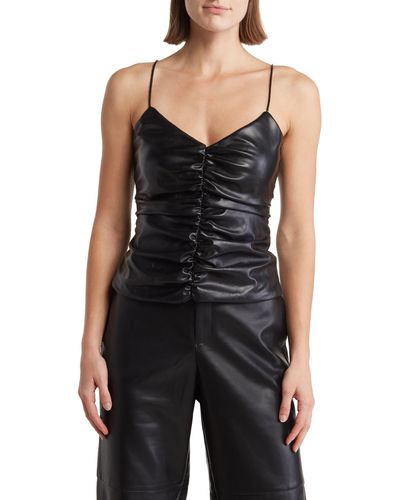 Seven7 Faux Leather Ruched Crop Camisole - Black