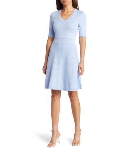 Eliza J Pointelle Fit & Flare Sweater Dress - Blue