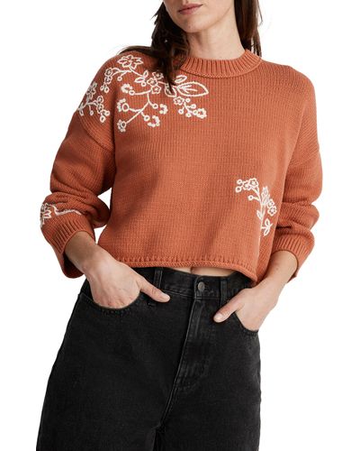 Madewell Adina Floral Embroidered Pullover Sweater - Orange