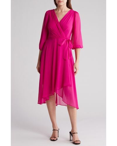 DKNY Balloon Sleeve Faux Wrap Dress - Pink