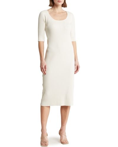 Vince Scoop Neck Elbow Length Sleeve Rib Dress - Natural
