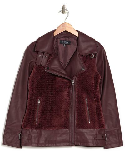 CoffeeShop Hooded Faux Leather & Faux Shearling Moto Jacket In Oxblood At Nordstrom Rack - Red
