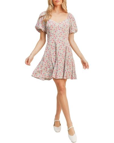 Lush Floral Sweetheart Neck Puff Sleeve Minidress - Multicolor