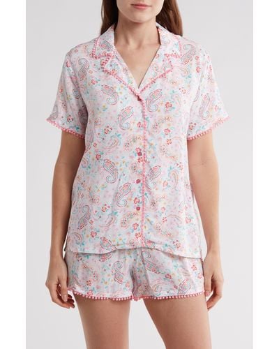 Kensie Notch Collar Boxer Short Pajamas - White