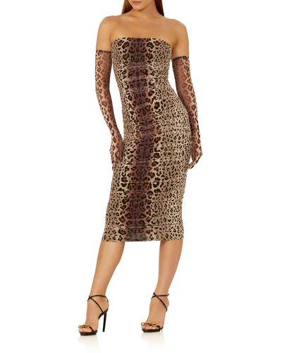 AFRM Joey Leopard Midi Dress With Gloves - Natural