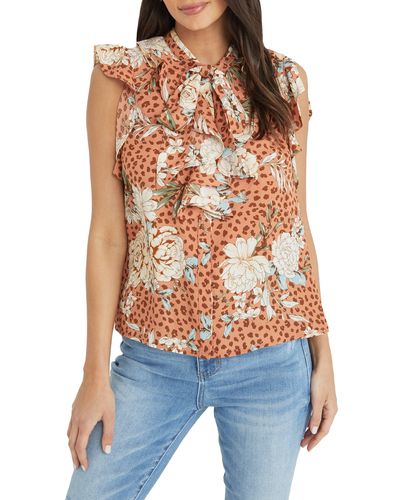 Vici Collection Floral Ruffle Tie Front Blouse - Blue