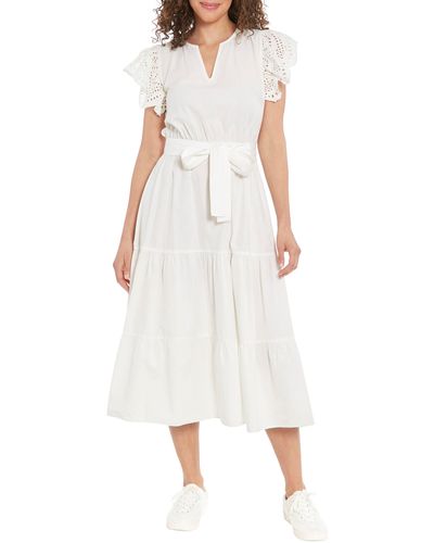 London Times Eyelet Flutter Sleeve Tiered Midi Dress - White