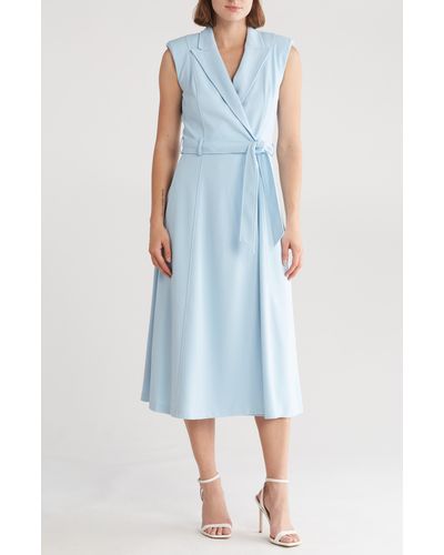 Calvin Klein Belted Peak Lapel Wrap Midi Dress - Blue