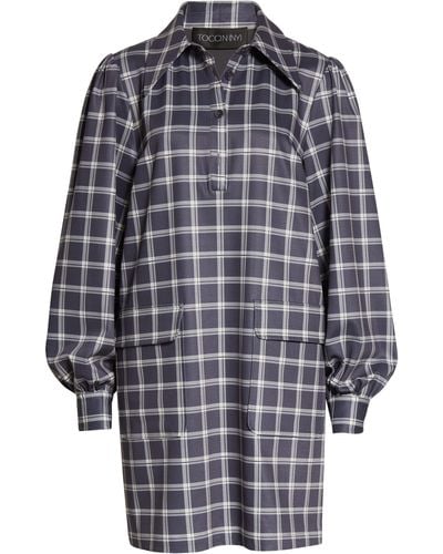 Toccin Plaid Blouson Long Sleeve A-line Dress In Charcoal/vanilla At Nordstrom Rack - Blue