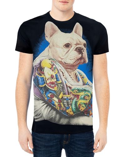 Xray Jeans Tattooed French Bulldog Rhinestone Graphic T-shirt - Black