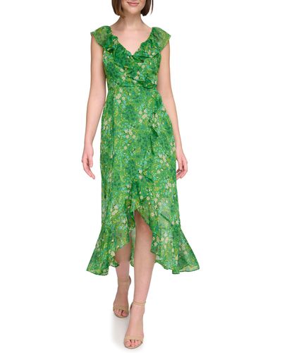 Kensie Ruffle Faux Wrap Dress - Green