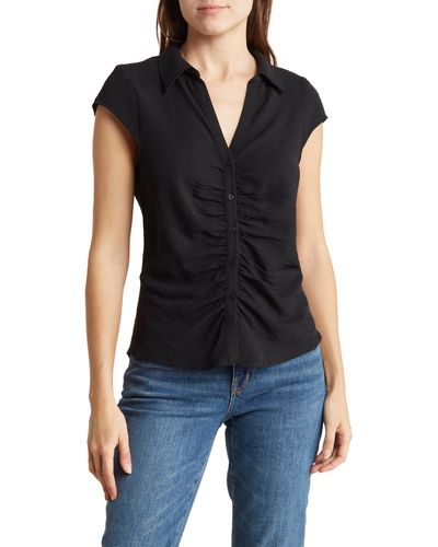 Laundry by Shelli Segal Cap Sleeve Ruched Button-up Top - Black