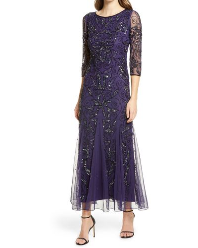 Pisarro Nights Illusion Sleeve Beaded A-line Gown In Midnight At Nordstrom Rack - Blue