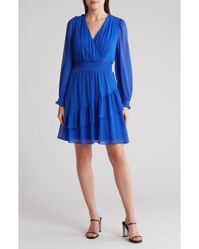 DKNY Smocked Long Sleeve Dress - Blue