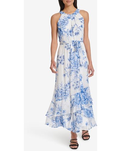 Calvin Klein Floral Chiffon Halter Dress - Blue