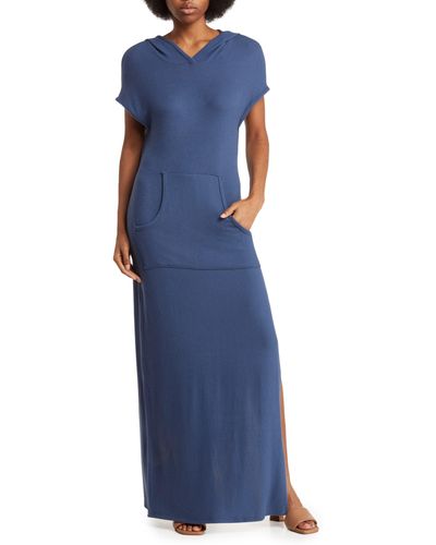 Go Couture Hooded Short Sleeve Maxi Dress - Blue