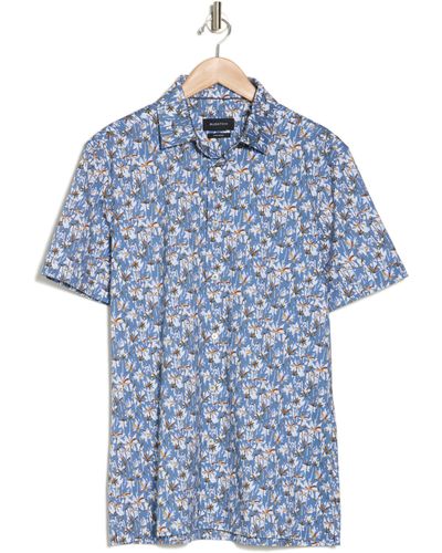Bugatchi Trim Fit Palm Print Short Sleeve Stretch Cotton Button-up Shirt - Blue