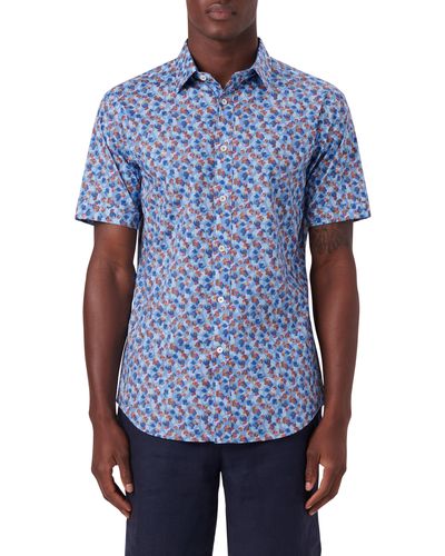 Bugatchi Shaped Fit Floral Print Short Sleeve Button-up Camp Shirt - Blue