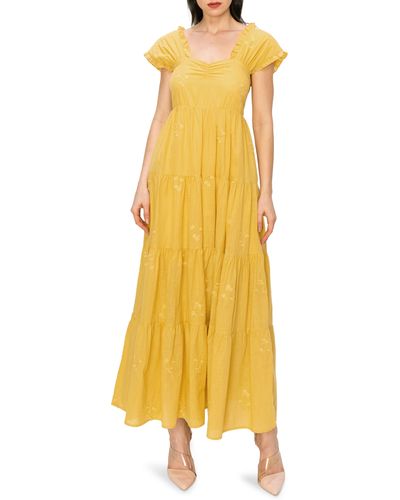 MELLODAY Embroidered Smocked Tiered Maxi Dress - Yellow