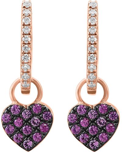 Effy 14k Rose Gold Diamond & Pavé Pink Sapphire Heart Drop Huggie Hoop Earrings - Purple