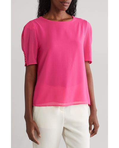 Tahari Pleat Button Sleeve Blouse - Pink