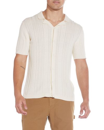 Civil Society Linen Blend Short Sleeve Button-up Cable Knit Sweater - White