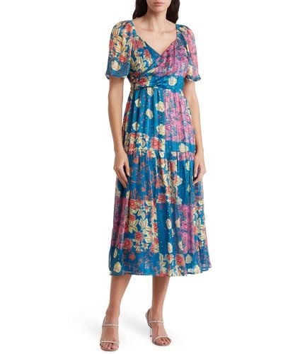 Adelyn Rae Floral Flutter Sleeve Pleated Midi Dress - Blue