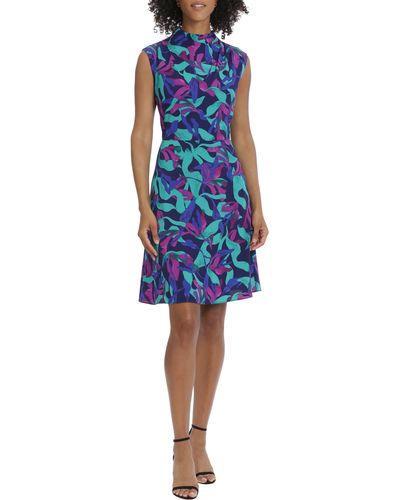 Maggy London Printed Funnel Neck Fit & Flare Dress - Blue