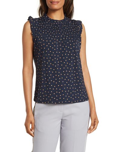 Adrianna Papell Printed Ruffle High Neck Top In Navy/khaki Basic Dot At Nordstrom Rack - Blue