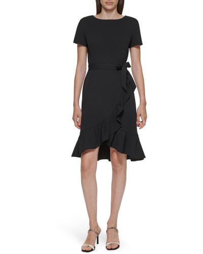 Calvin Klein Tie Waist Ruffle Hem Dress - Black