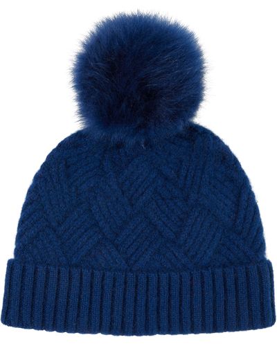 Amicale Cashmere Basketweave Rib Knit Beanie With Genuine Shearling Pom - Blue