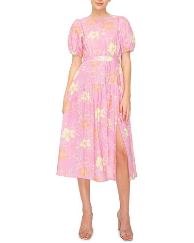 MELLODAY Tropical Print Puff Sleeve Midi Dress - Pink