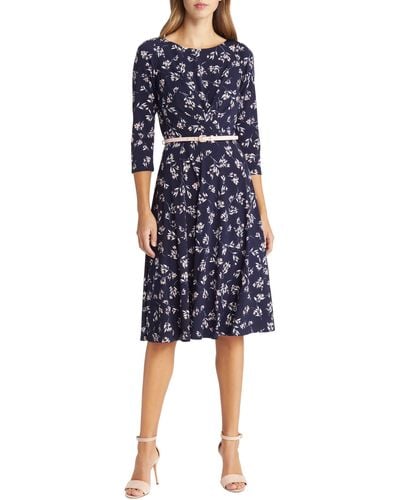 Harper Rose Pleated Floral Print Belted Dress - Blue