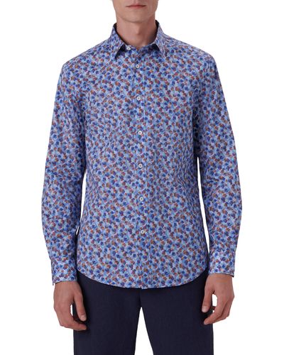 Bugatchi Shaped Fit Print Stretch Cotton Button-up Shirt - Blue
