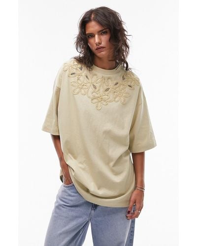 TOPSHOP Oversize Embroidered Cotton T-shirt - Natural