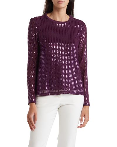 Donna Karan Long Sleeve Sequin Top - Purple