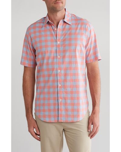 COASTAORO Ethan Check Stretch Cotton & Linen Short Sleeve Button-up Shirt - Red