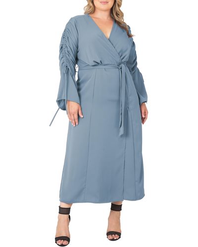 Standards & Practices Ruched Long Sleeve Wrap Maxi Dress - Blue