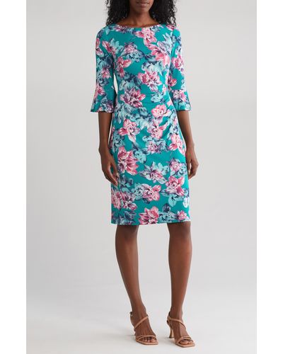 Connected Apparel Bell Sleeve Pleated Shift Dress - Blue