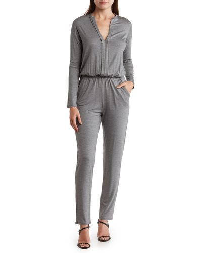 Go Couture Split Neck Long Sleeve Jumpsuit - Gray