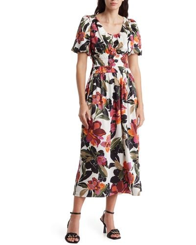 Adelyn Rae Lucia Floral Puff Sleeve Midi Dress - Red