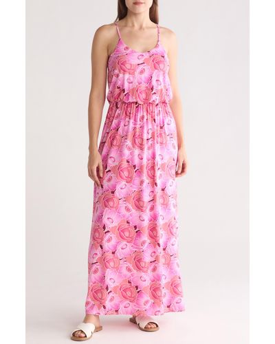 Lush Draped Floral Maxi Dress - Pink