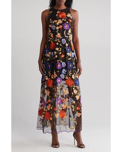 MILLY Hannah Fall Foliage Embroidered Mesh Midi Dress - Multicolor