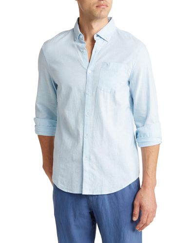 Original Penguin Linen Blend Woven Solid Button-down Shirt - Blue