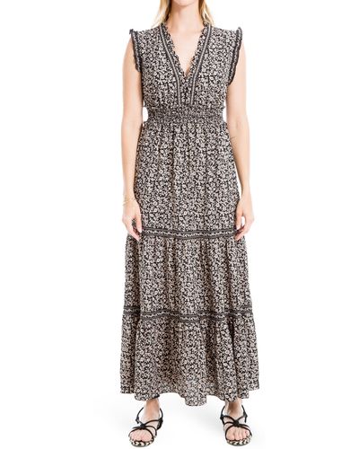Max Studio Sleeveless Smocked Floral Print Tiered Maxi Dress In Bkivoclf At Nordstrom Rack - Brown