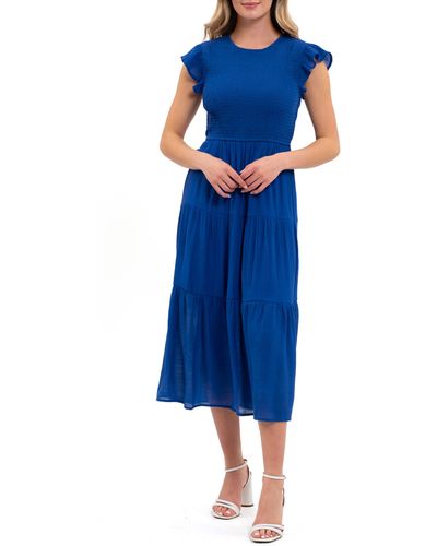Blu Pepper Flutter Sleeve Smocked Tiered Midi Dress - Blue