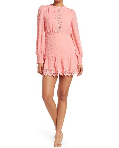 Love By Design Rina Long Sleeve Dotted Chiffon Lace Trim Dress - Pink